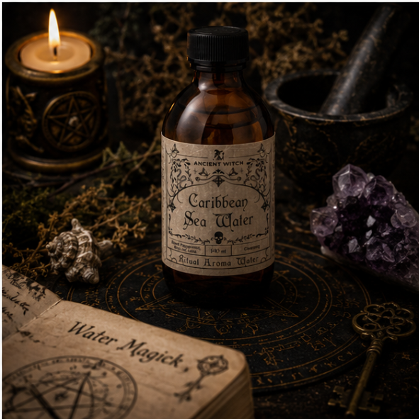 Caribbean Sea Water Ritual Aroma Water in a 140ml amber apothecary bottle with vintage botanical label by Ancient Witch.