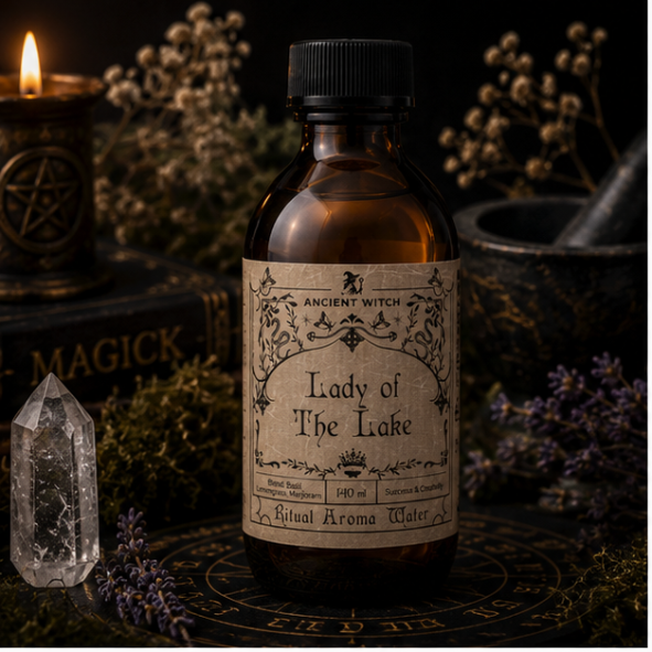 Lady of the Lake Ritual Aroma Water in a 140ml amber apothecary bottle with vintage botanical label by Ancient Witch.