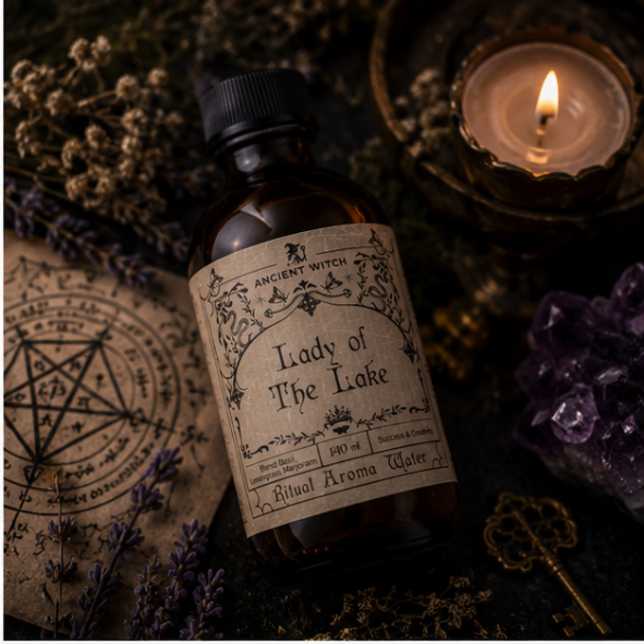 Lady of the Lake Ritual Aroma Water in a 140ml amber apothecary bottle with vintage botanical label by Ancient Witch.