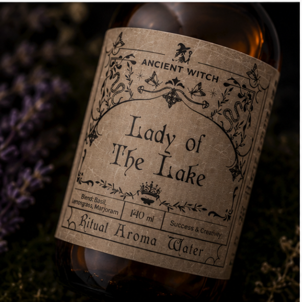Lady of the Lake Ritual Aroma Water in a 140ml amber apothecary bottle with vintage botanical label by Ancient Witch.