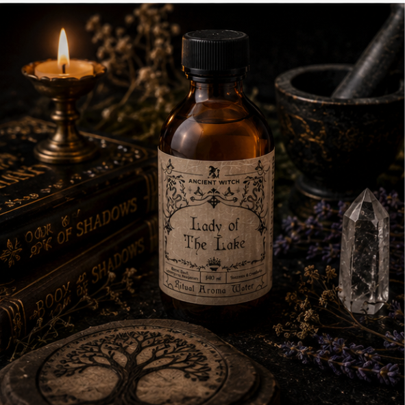 Lady of the Lake Ritual Aroma Water in a 140ml amber apothecary bottle with vintage botanical label by Ancient Witch.