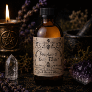 Fountain of Youth Ritual Aroma Water in 140ml amber glass bottle by Ancient Witch, featuring a botanical label inspired by vintage apothecaries.