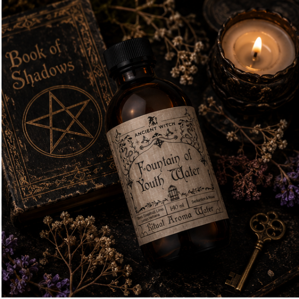 Fountain of Youth Ritual Aroma Water in 140ml amber glass bottle by Ancient Witch, featuring a botanical label inspired by vintage apothecaries.