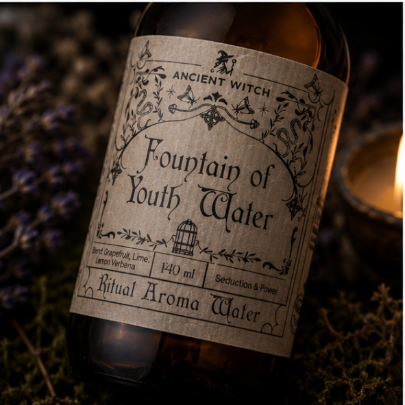 Fountain of Youth Ritual Aroma Water in 140ml amber glass bottle by Ancient Witch, featuring a botanical label inspired by vintage apothecaries.