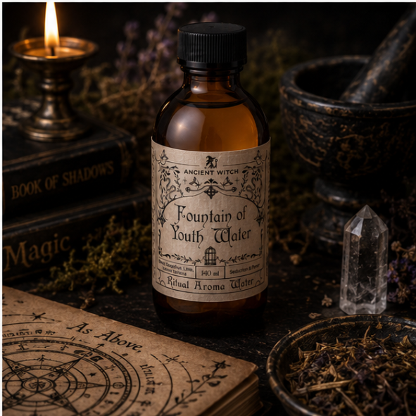 Fountain of Youth Ritual Aroma Water in 140ml amber glass bottle by Ancient Witch, featuring a botanical label inspired by vintage apothecaries.