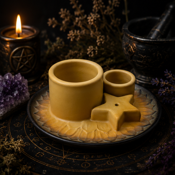 Mustard yellow ceramic spell candle holder with star incense holder and matching dish for altar, rituals and home décor