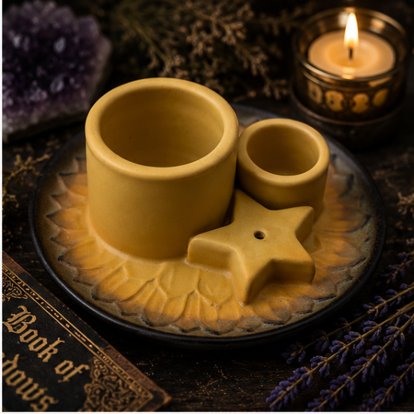 Mustard yellow ceramic spell candle holder with star incense holder and matching dish for altar, rituals and home décor