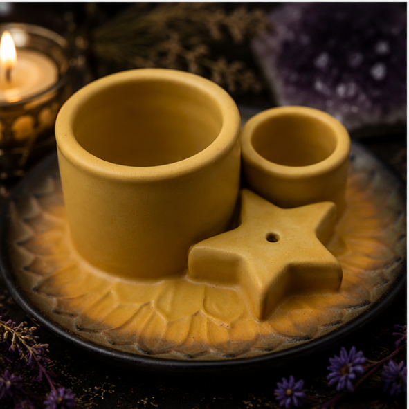 Mustard yellow ceramic spell candle holder with star incense holder and matching dish for altar, rituals and home décor