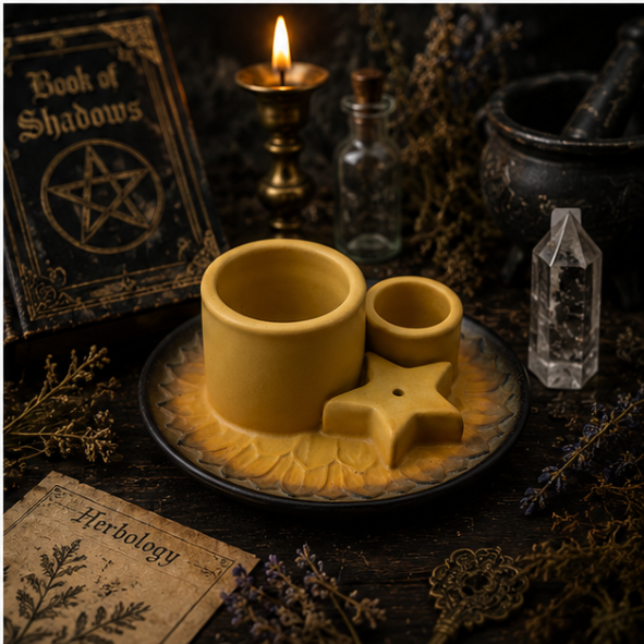 Mustard yellow ceramic spell candle holder with star incense holder and matching dish for altar, rituals and home décor