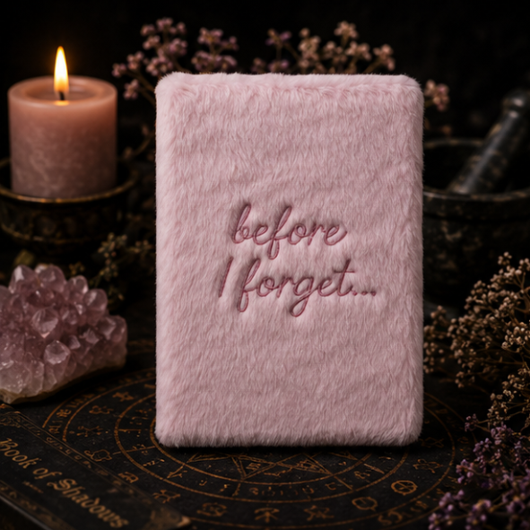 Pink velvet 'Before I Forget' journal with embroidered cover for journaling, notes and Book of Shadows