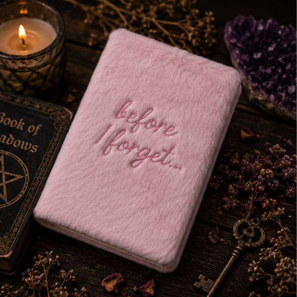 Pink velvet 'Before I Forget' journal with embroidered cover for journaling, notes and Book of Shadows