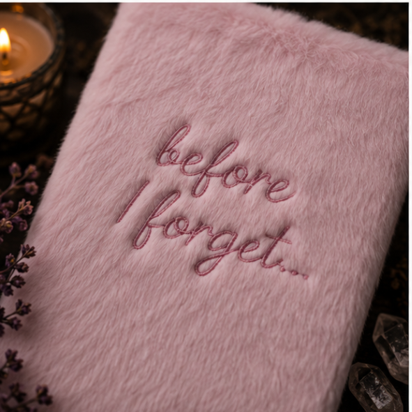 Pink velvet 'Before I Forget' journal with embroidered cover for journaling, notes and Book of Shadows