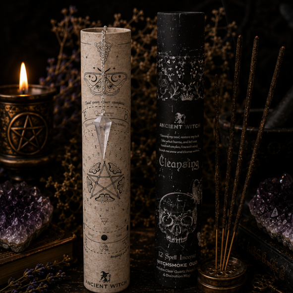Natural incense stick gift set with crystal pendulum, incense holder and storage tube by Roaming Raven
