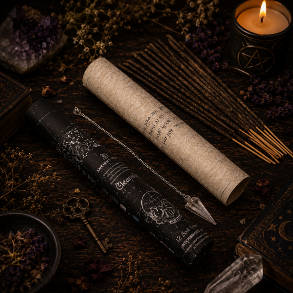 Natural incense stick gift set with crystal pendulum, incense holder and storage tube by Roaming Raven