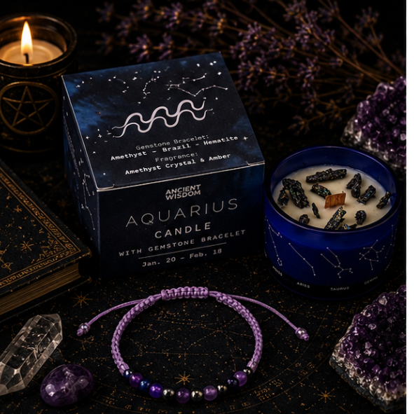 Zodiac Crystal Candle with Gemstone Bracelet - Aquarius - Image 2