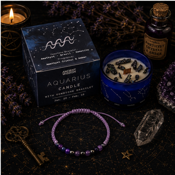 Zodiac Crystal Candle with Gemstone Bracelet - Aquarius - Image 5