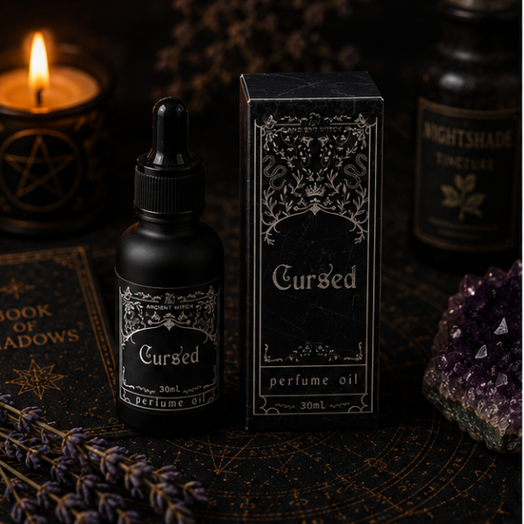Cursed luxury perfume oil in 30ml glass bottle with matching gothic gift box by Roaming Raven