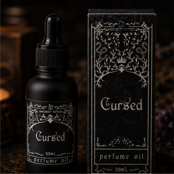 Cursed luxury perfume oil in 30ml glass bottle with matching gothic gift box by Roaming Raven