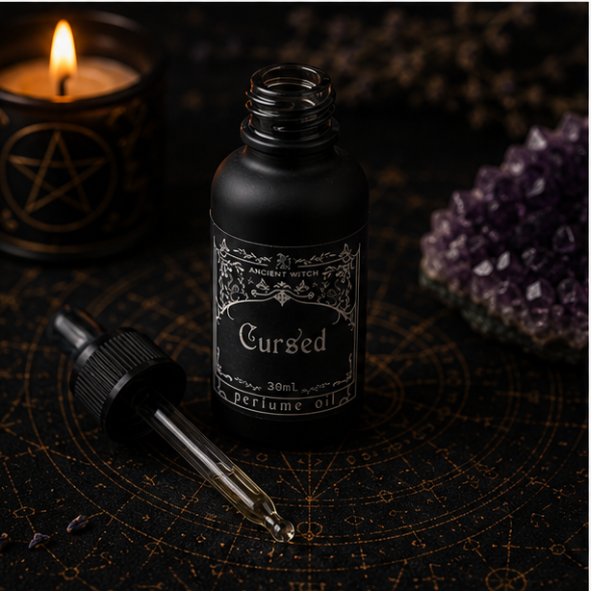 Cursed luxury perfume oil in 30ml glass bottle with matching gothic gift box by Roaming Raven