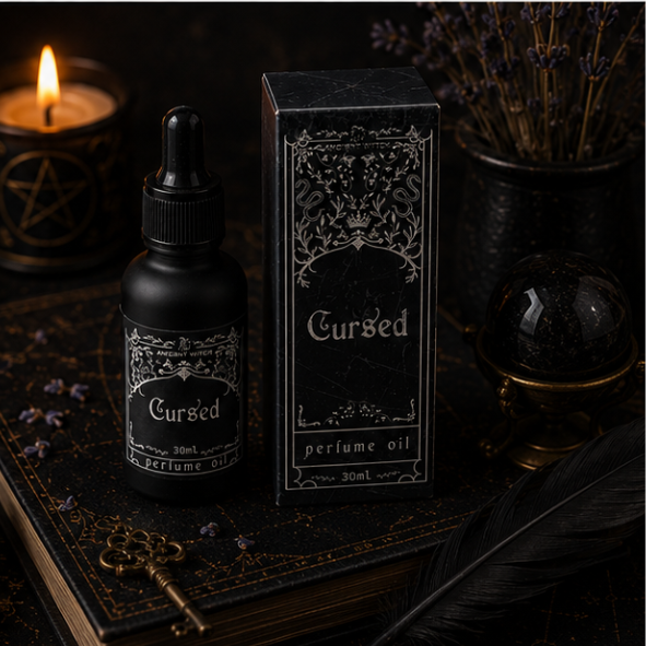 Cursed luxury perfume oil in 30ml glass bottle with matching gothic gift box by Roaming Raven