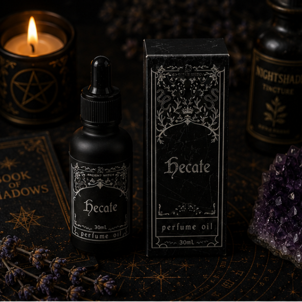 Hecate luxury perfume oil in 30ml glass bottle with matching gothic gift box by Roaming Raven