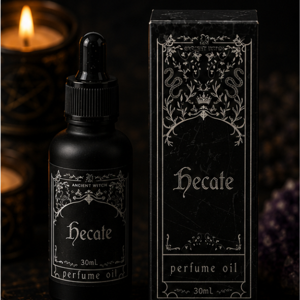 Hecate luxury perfume oil in 30ml glass bottle with matching gothic gift box by Roaming Raven
