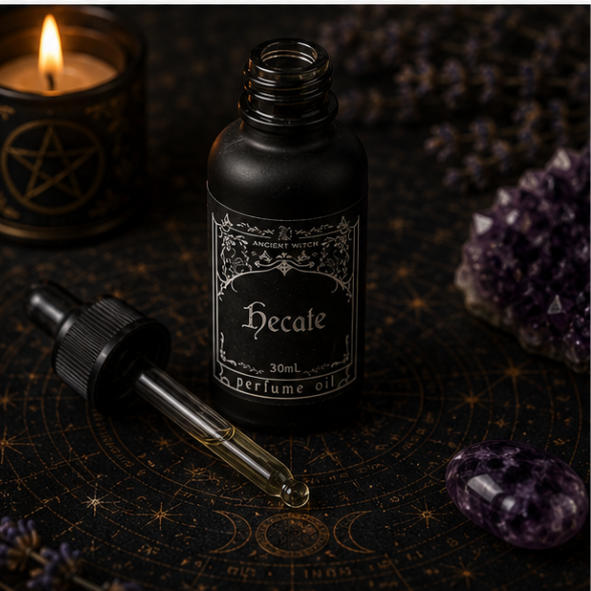 Hecate luxury perfume oil in 30ml glass bottle with matching gothic gift box by Roaming Raven