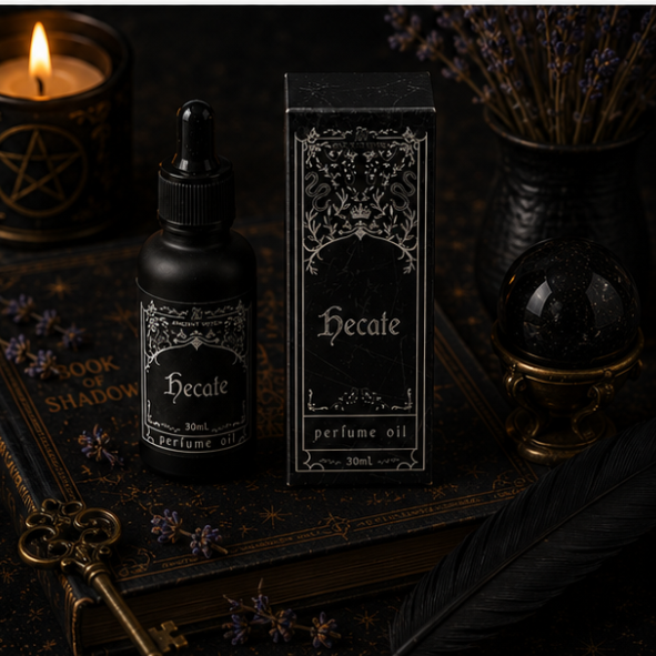 Hecate luxury perfume oil in 30ml glass bottle with matching gothic gift box by Roaming Raven