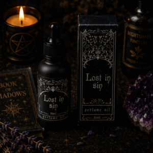 Lost in Sin luxury perfume oil in 30ml glass bottle with matching gothic gift box by Roaming Raven