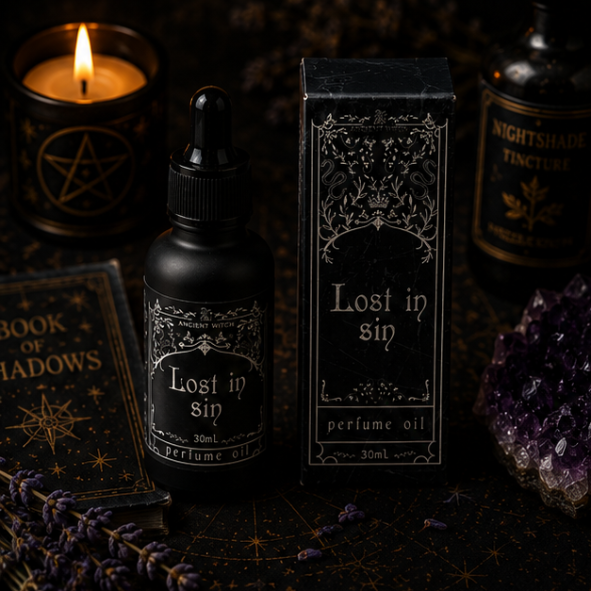 Lost in Sin luxury perfume oil in 30ml glass bottle with matching gothic gift box by Roaming Raven