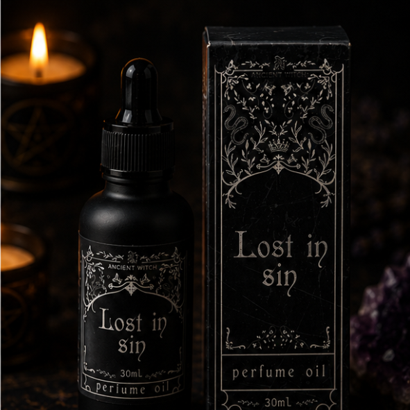 Lost in Sin luxury perfume oil in 30ml glass bottle with matching gothic gift box by Roaming Raven