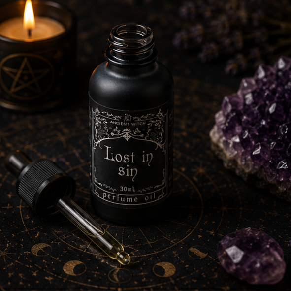 Lost in Sin luxury perfume oil in 30ml glass bottle with matching gothic gift box by Roaming Raven