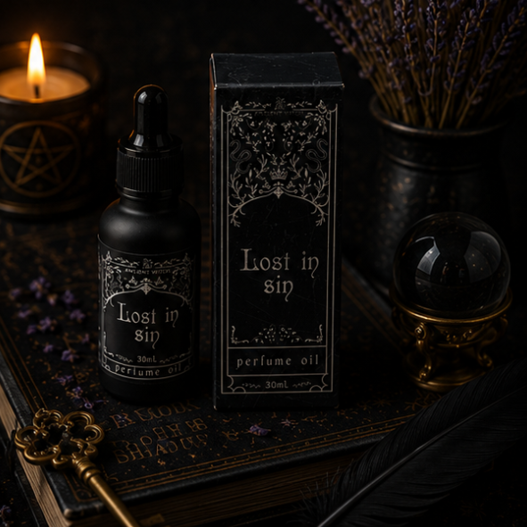 Lost in Sin luxury perfume oil in 30ml glass bottle with matching gothic gift box by Roaming Raven