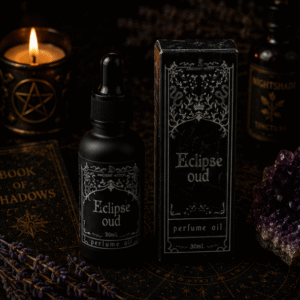 Eclipse Oud luxury perfume oil in 30ml glass bottle with matching gothic gift box by Roaming Raven