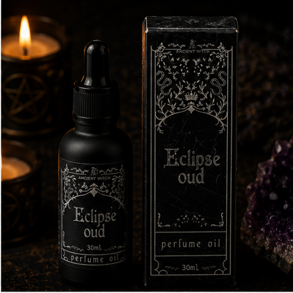 Eclipse Oud luxury perfume oil in 30ml glass bottle with matching gothic gift box by Roaming Raven