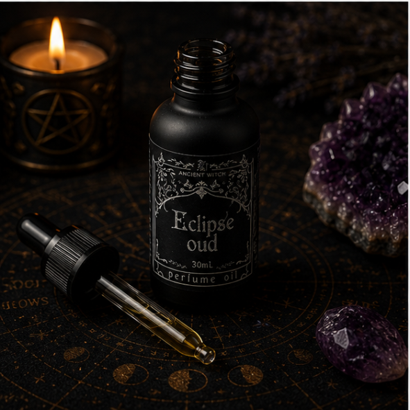 Eclipse Oud luxury perfume oil in 30ml glass bottle with matching gothic gift box by Roaming Raven