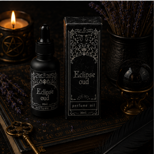 Eclipse Oud luxury perfume oil in 30ml glass bottle with matching gothic gift box by Roaming Raven
