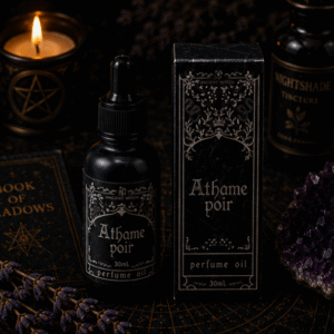 Athame Noir luxury perfume oil in 30ml glass bottle with matching gift box by Roaming Raven