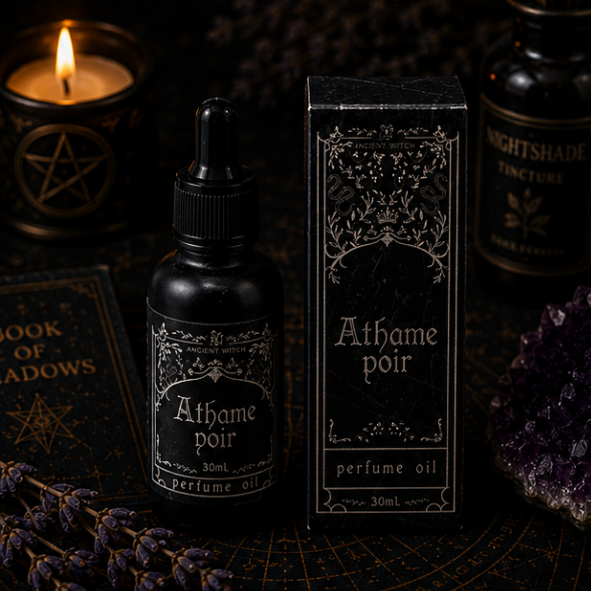 Athame Noir luxury perfume oil in 30ml glass bottle with matching gift box by Roaming Raven