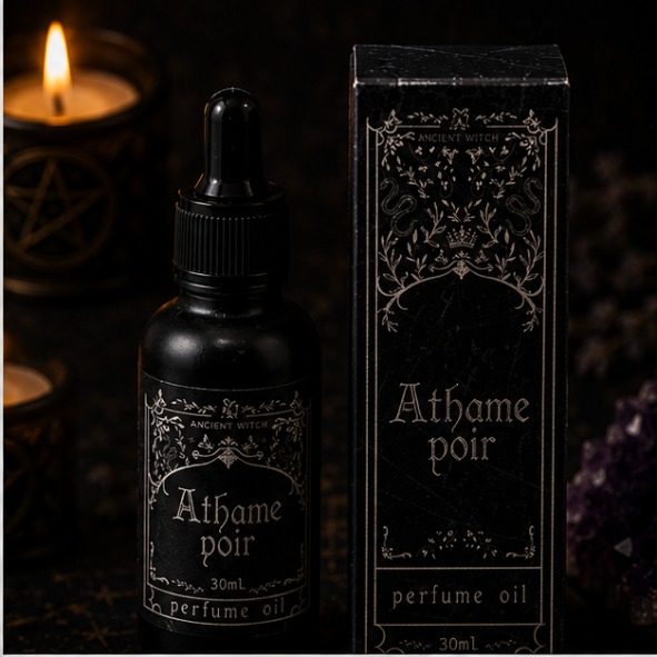 Athame Noir luxury perfume oil in 30ml glass bottle with matching gift box by Roaming Raven