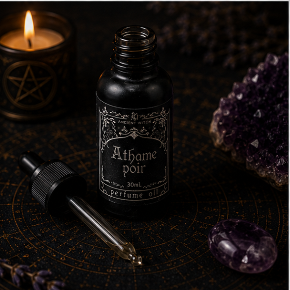 Athame Noir luxury perfume oil in 30ml glass bottle with matching gift box by Roaming Raven