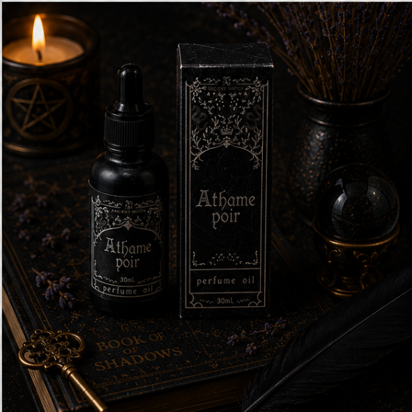 Athame Noir luxury perfume oil in 30ml glass bottle with matching gift box by Roaming Raven