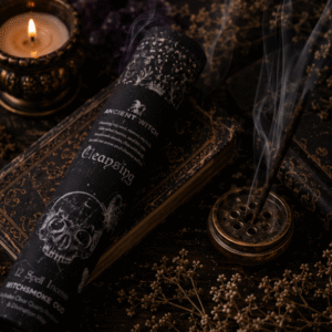 Ancient Witch Cleansing incense sticks with Witchsmoke Oud fragrance in decorative tube by Roaming Raven