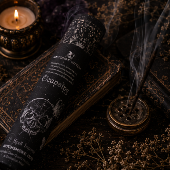 Ancient Witch Cleansing incense sticks with Witchsmoke Oud fragrance in decorative tube by Roaming Raven