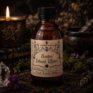 Avalon Island Water ritual aroma water in a 240ml amber glass bottle, handcrafted botanical room and ritual spray by Roaming Raven
