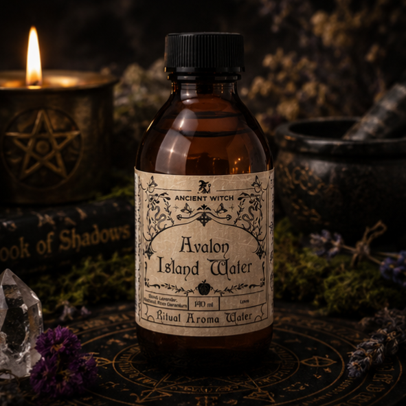 Avalon Island Water ritual aroma water in a 240ml amber glass bottle, handcrafted botanical room and ritual spray by Roaming Raven