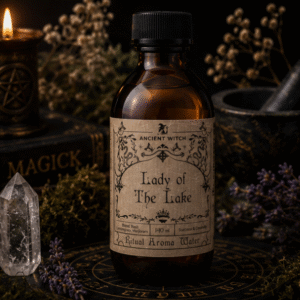 Lady of the Lake Ritual Aroma Water in a 240ml amber glass bottle, handcrafted botanical ritual spray inspired by Arthurian legend