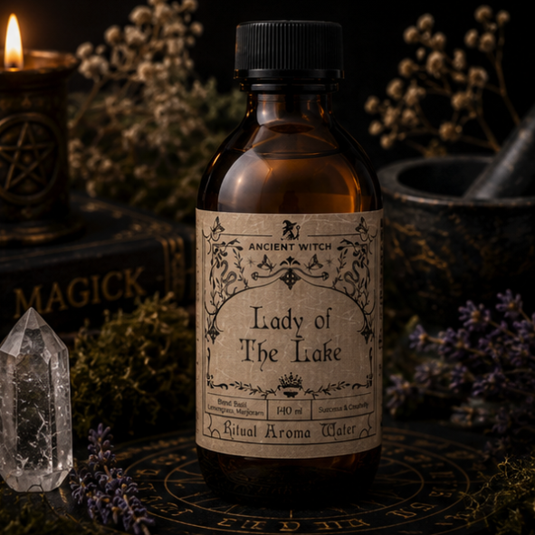 Lady of the Lake Ritual Aroma Water in a 240ml amber glass bottle, handcrafted botanical ritual spray inspired by Arthurian legend