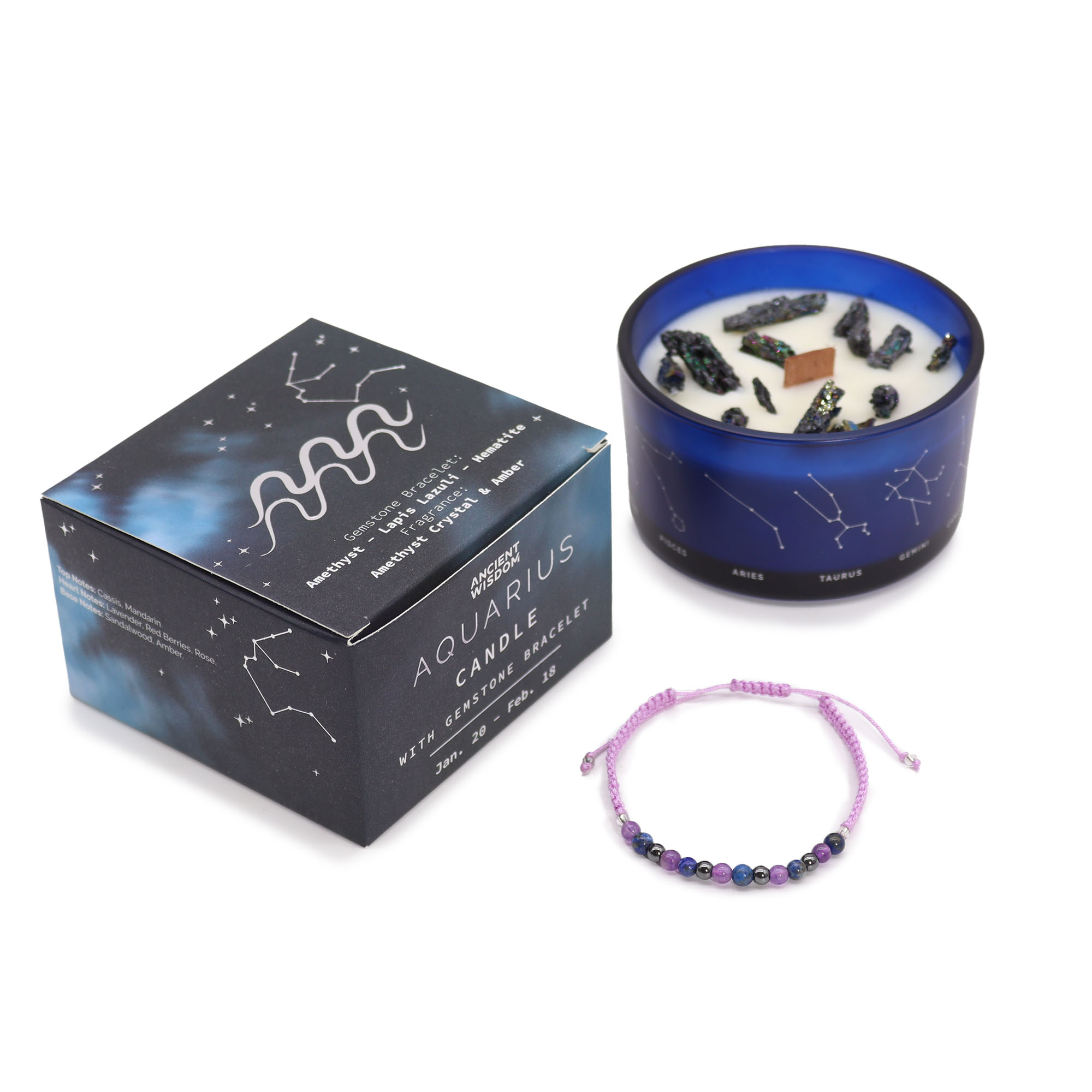 Zodiac Crystal Candle with Gemstone Bracelet - Aquarius - Image 2