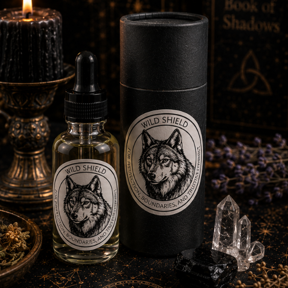 Wild Shield Wolf Intention Oil in a 30ml glass bottle with luxury presentation tube, clear quartz and black obsidian by Roaming Raven.